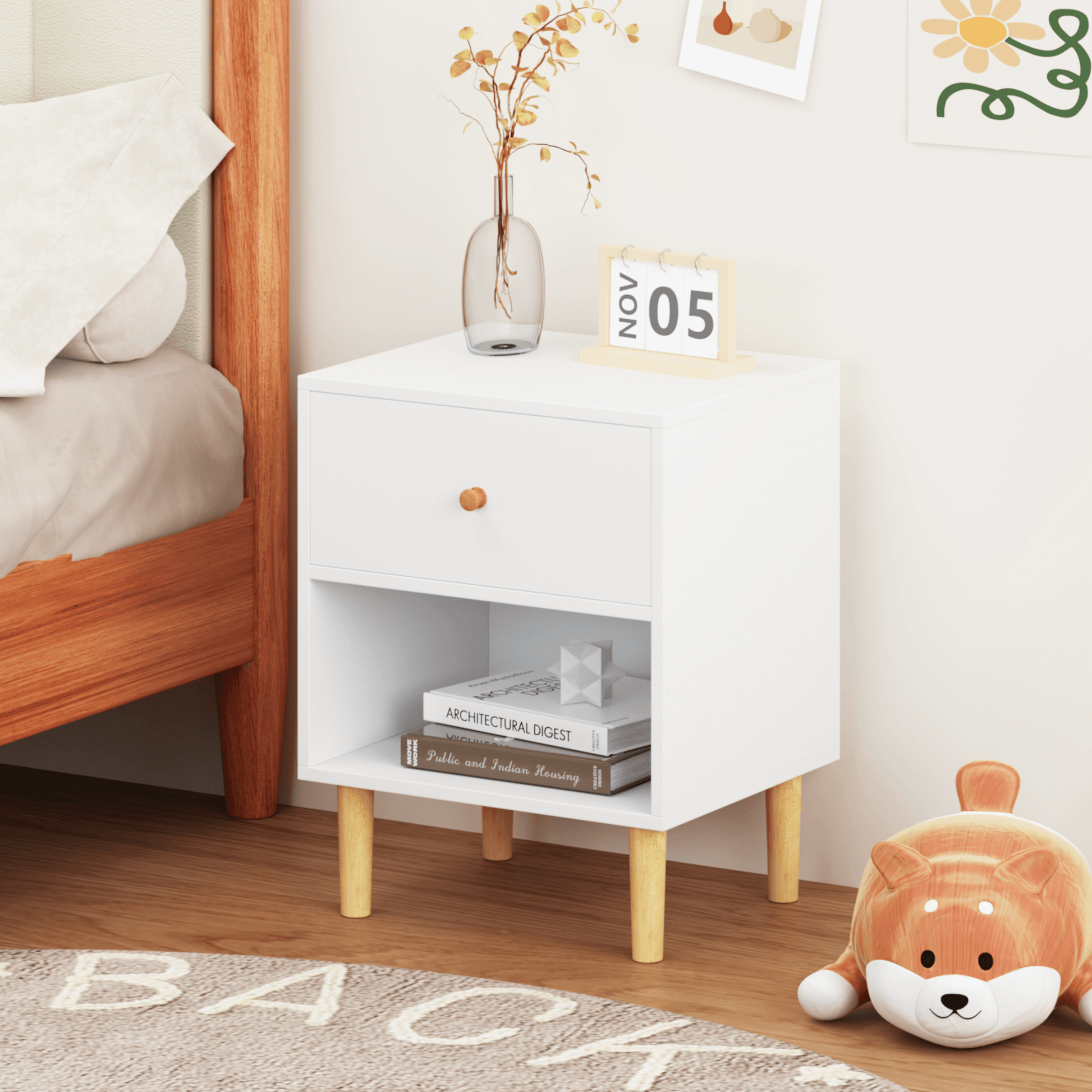 23.22''H Wooden Nightstand with One Drawer One Shelf for Kids, Adults, White 