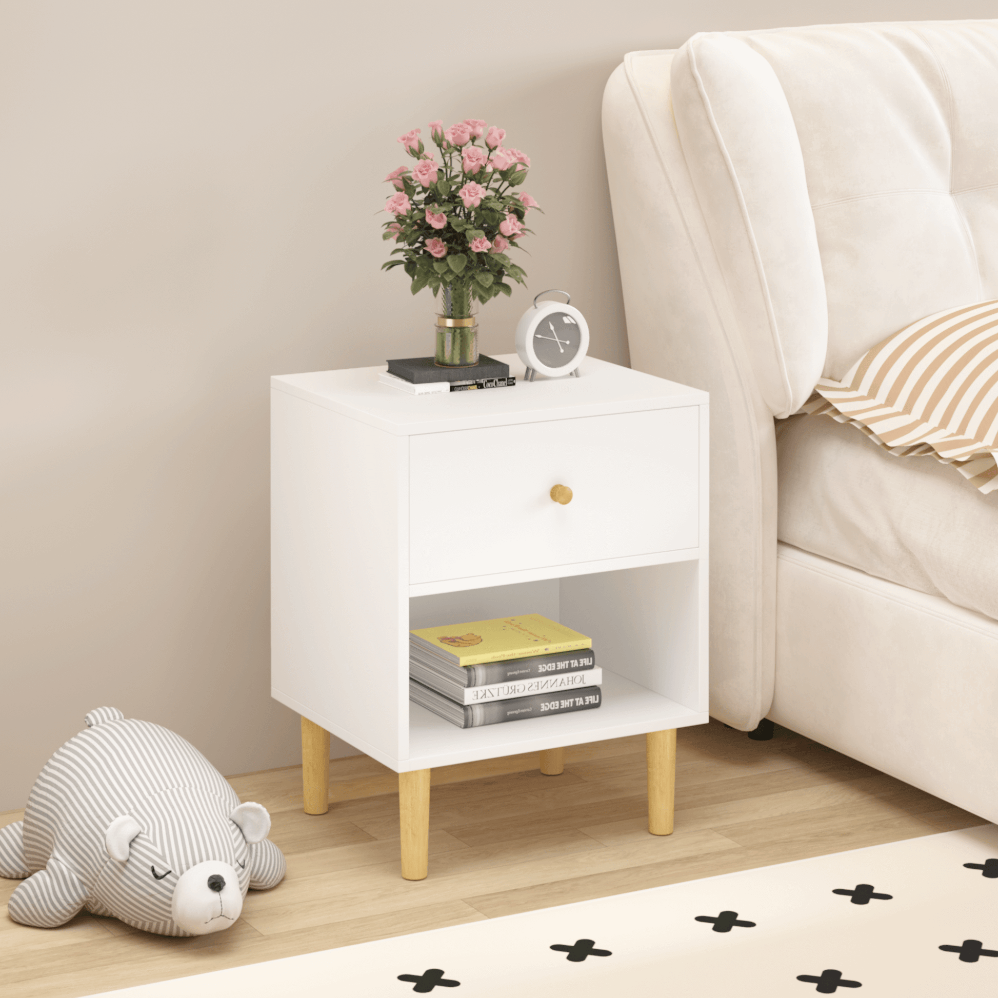 23.22''H Wooden Nightstand with One Drawer One Shelf for Kids, Adults, White 