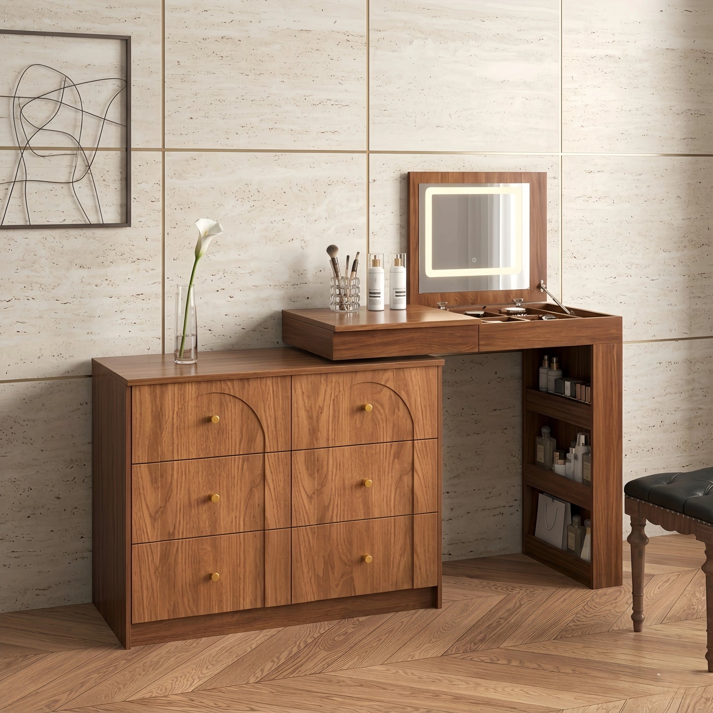 Walnut Vanity Desk w/ LED Mirror & 7 - Drawer Storage(Pre - order: Ships May 20) - FVNLYXQ