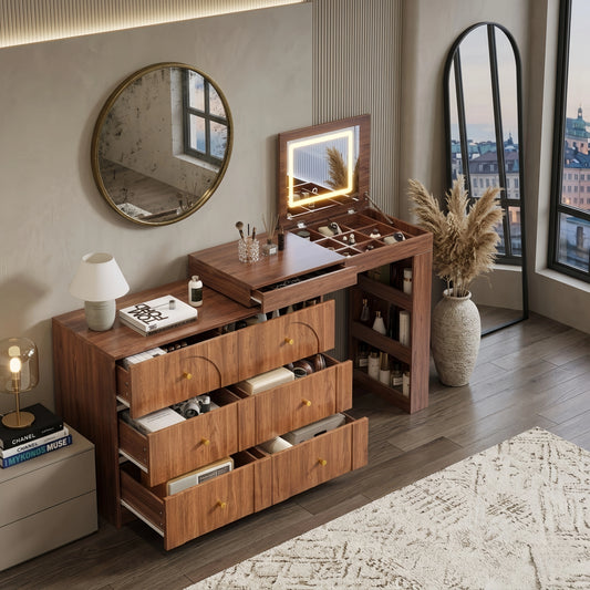 Walnut Vanity Desk w/ LED Mirror & 7 - Drawer Storage(Pre - order: Ships May 20) - FVNLYXQ
