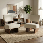 Set of 2 Modern Beige Lounge Chairs - Walnut Wood Base Accent Seating - FVNLYXQ