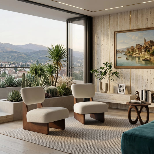 Set of 2 Modern Beige Lounge Chairs - Walnut Wood Base Accent Seating - FVNLYXQ