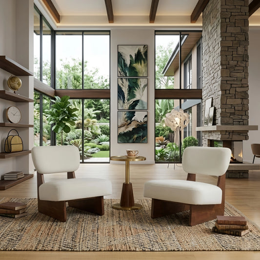 Set of 2 Modern Beige Lounge Chairs - Walnut Wood Base Accent Seating - FVNLYXQ
