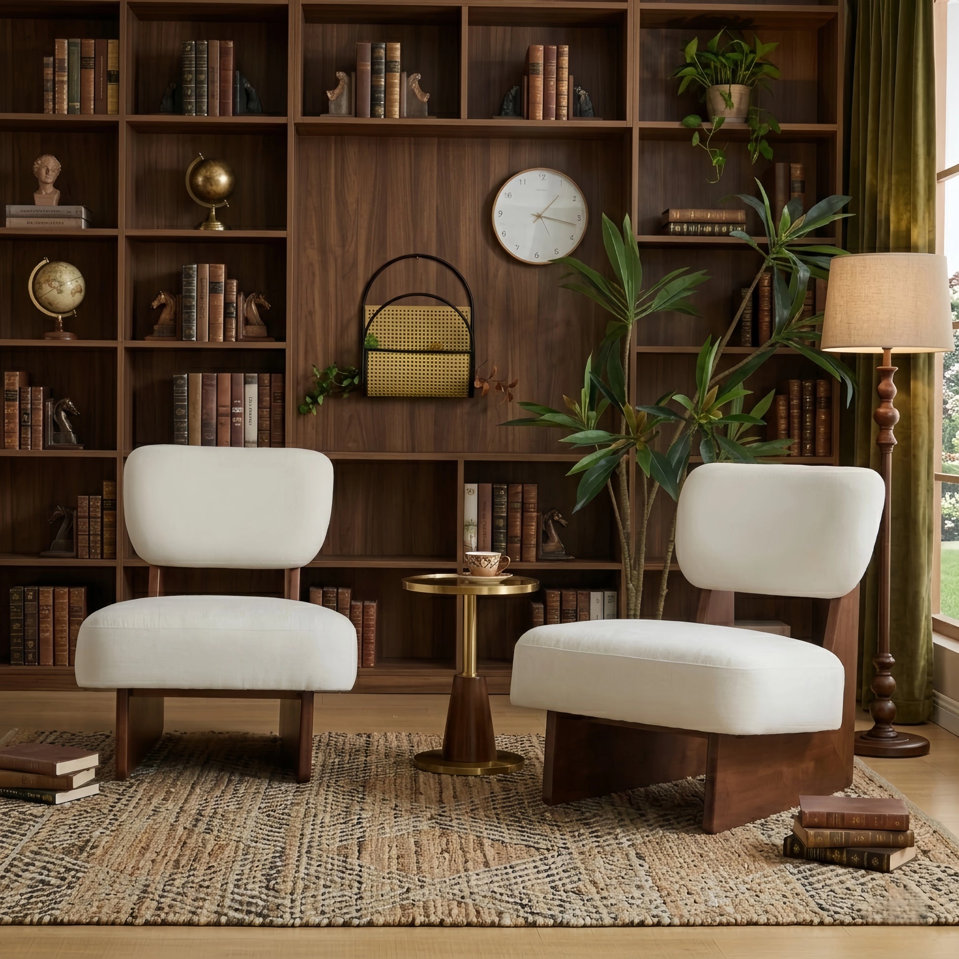 Set of 2 Modern Beige Lounge Chairs - Walnut Wood Base Accent Seating - FVNLYXQ