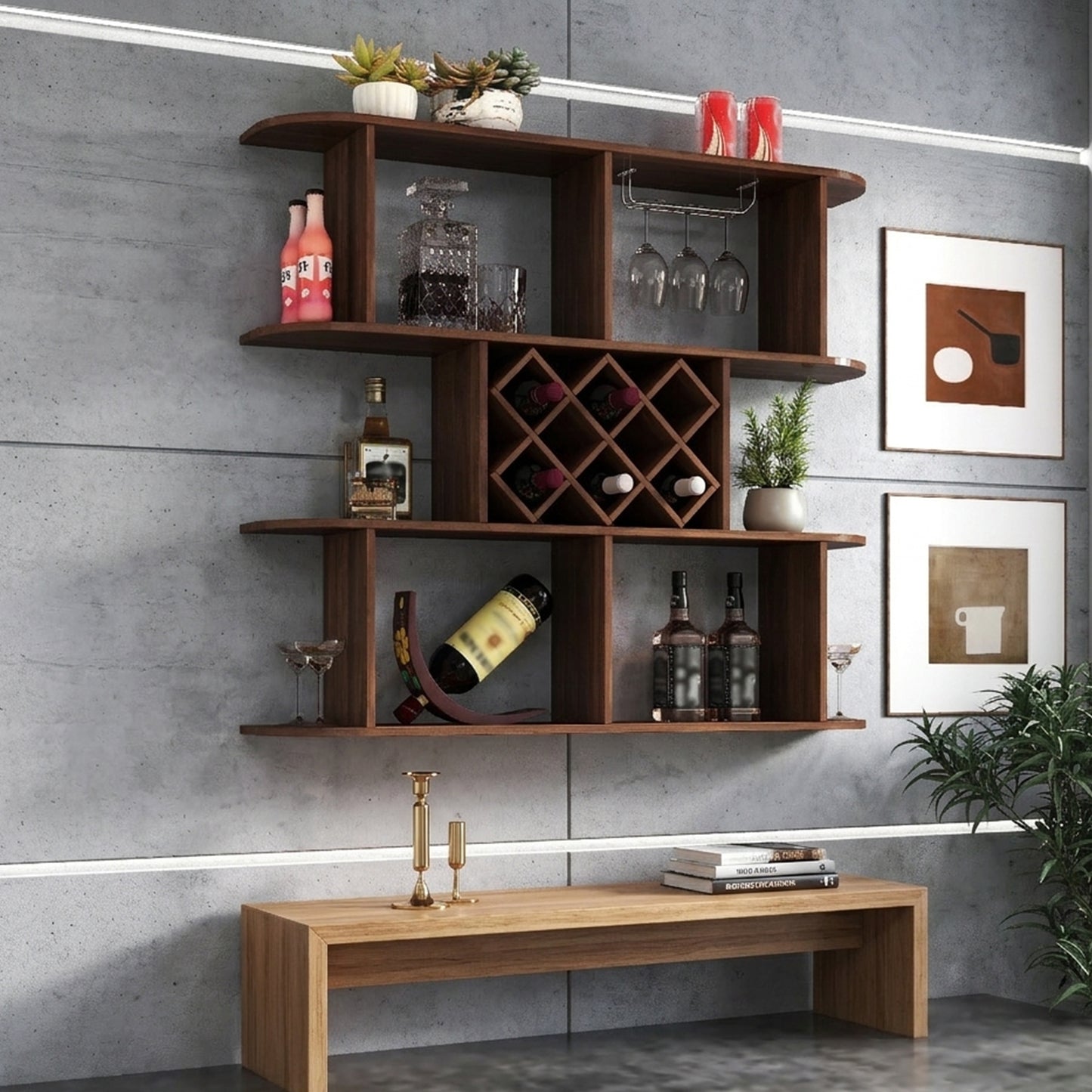 Modern Walnut Wall Mounted Wine Rack - 3-Tier Wooden Display Shelf with Stemware Glass Holder, Rustic Home Bar & Dining Room Decor