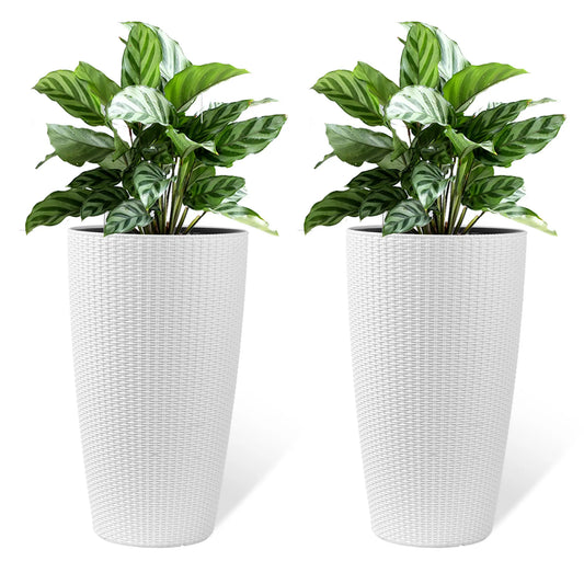 Set of 2 White 22" Tall Faux Rattan Planters with Water Level Indicator - FVNLYXQ