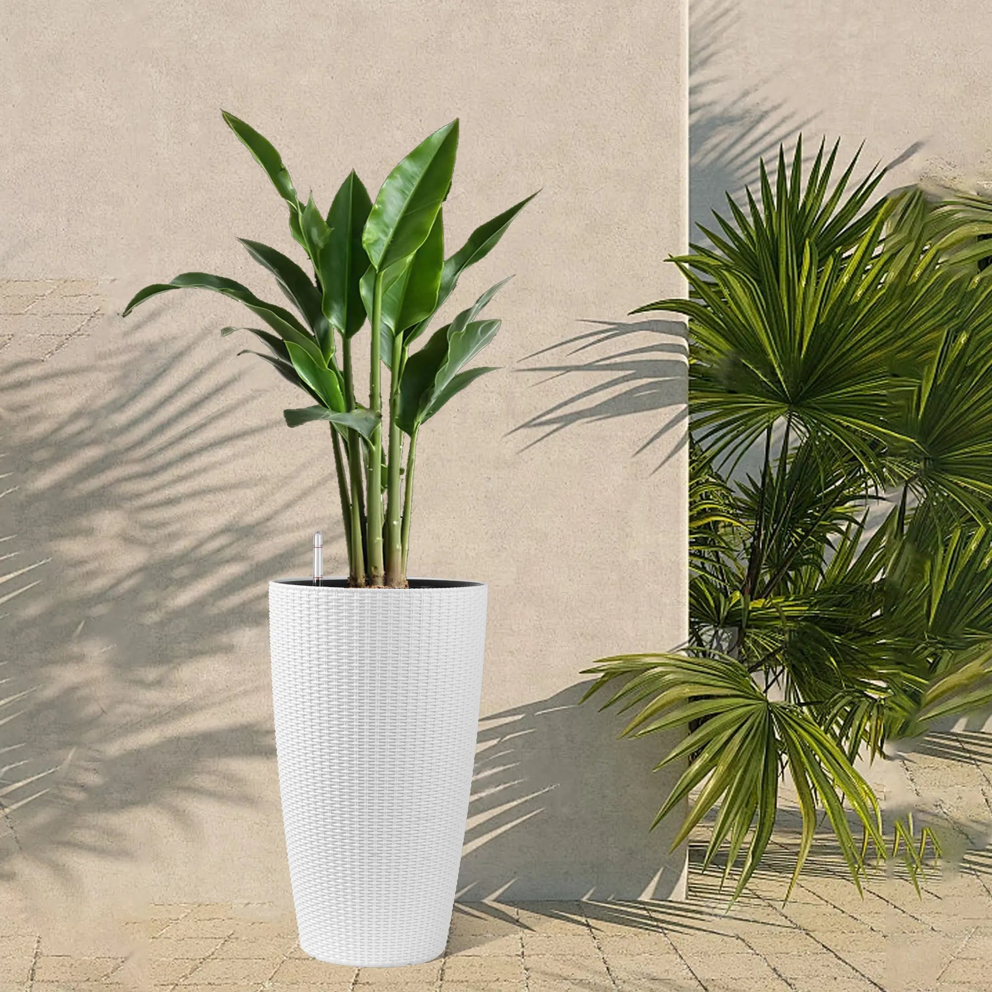Set of 2 White 22" Tall Faux Rattan Planters with Water Level Indicator - FVNLYXQ