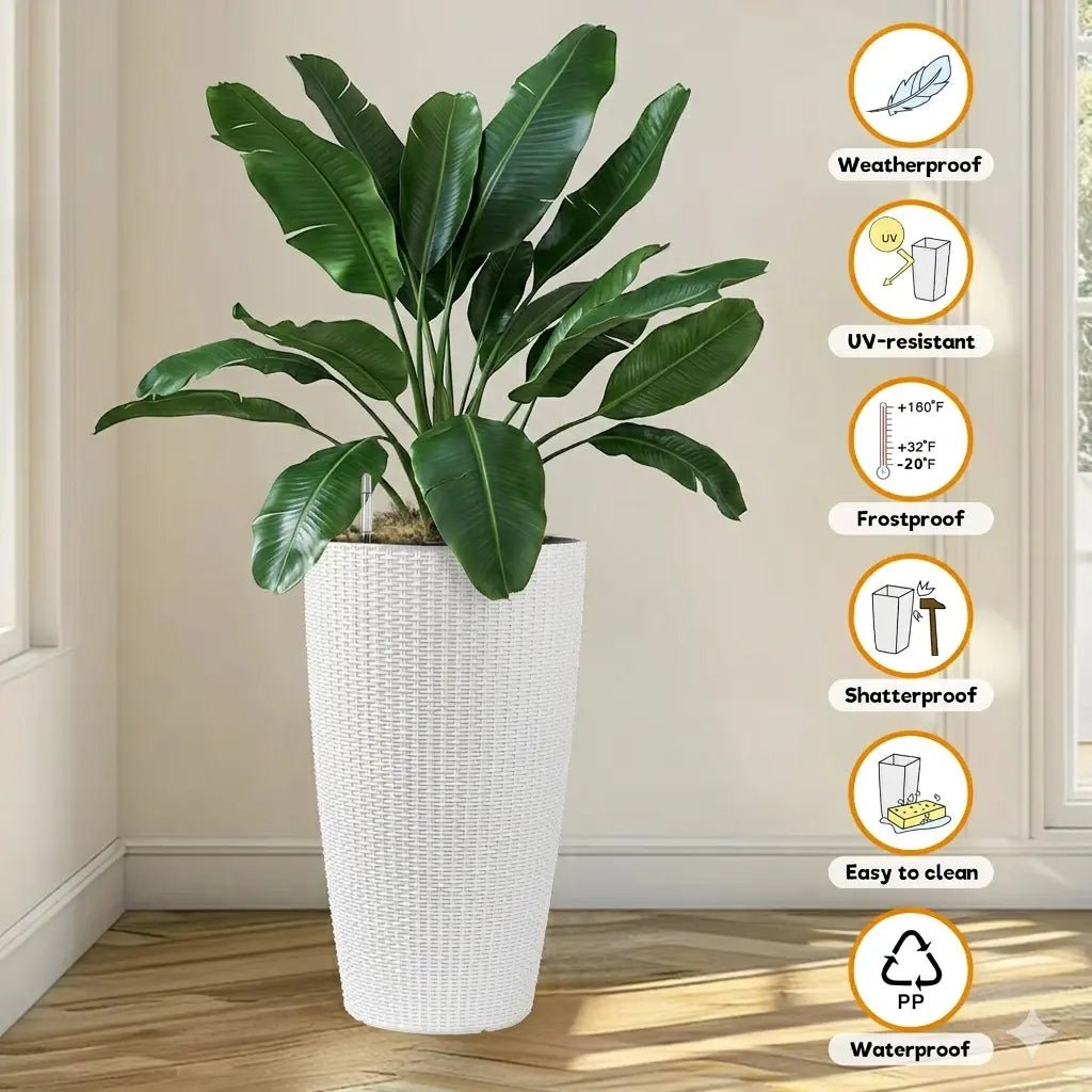 Set of 2 White 22" Tall Faux Rattan Planters with Water Level Indicator - FVNLYXQ