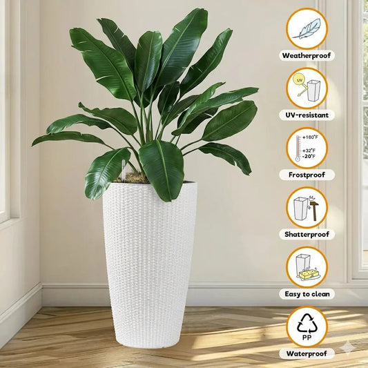 Set of 2 White 22" Tall Faux Rattan Planters with Water Level Indicator - FVNLYXQ