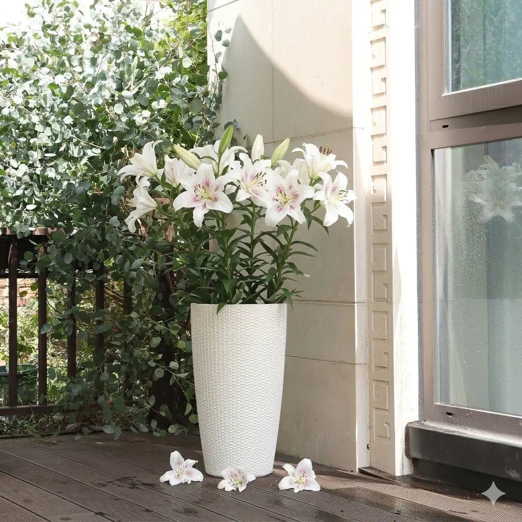 Set of 2 White 22" Tall Faux Rattan Planters with Water Level Indicator - FVNLYXQ