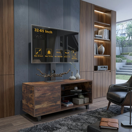 Rustic Brown TV Console with push - to - open Storage Cabinet for TV up to 65in Wood &glass TV Stand for Living Room Bedroom - FVNLYXQ
