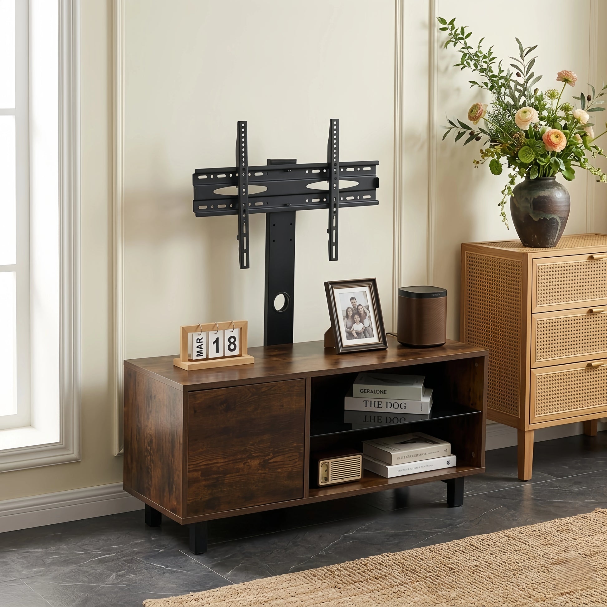 Rustic Brown TV Console with push - to - open Storage Cabinet for TV up to 65in Wood &glass TV Stand for Living Room Bedroom - FVNLYXQ
