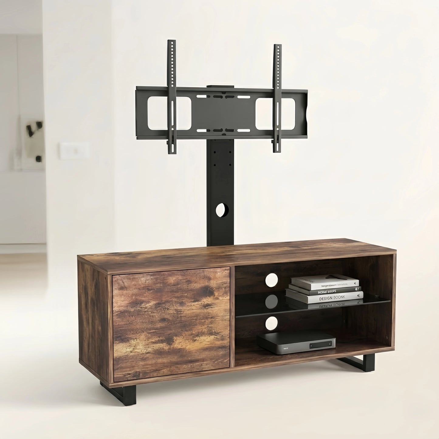 Rustic Brown TV Console with push - to - open Storage Cabinet for TV up to 65in Wood &glass TV Stand for Living Room Bedroom - FVNLYXQ