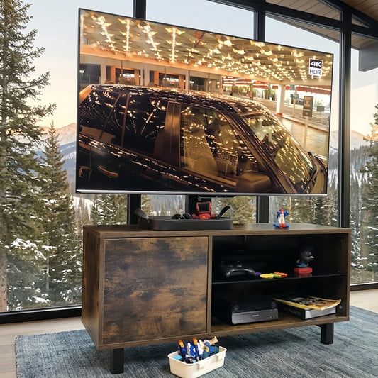 Rustic Brown TV Console with push - to - open Storage Cabinet for TV up to 65in Wood &glass TV Stand for Living Room Bedroom - FVNLYXQ